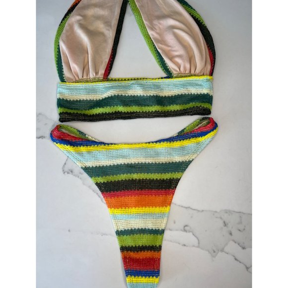 Prettylittlething Multi Stripe Halterneck Bikini crochet knit 4 - Picture 7 of 13